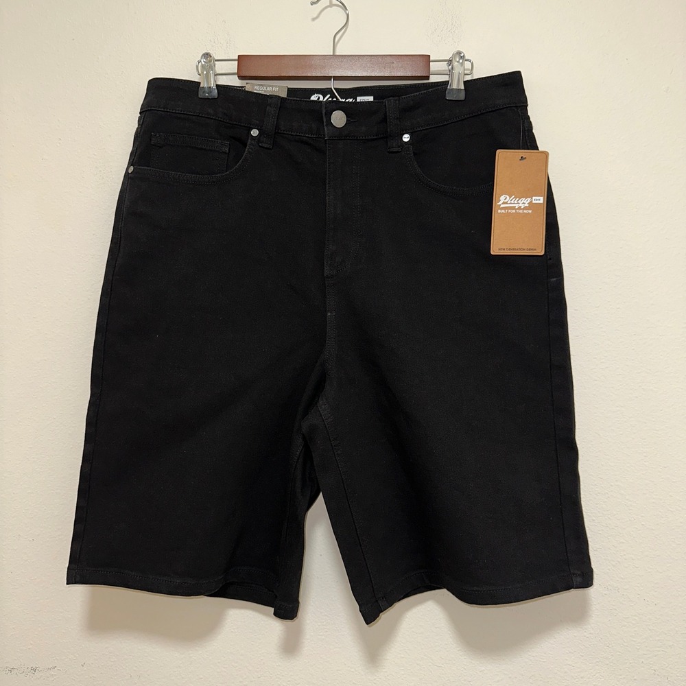 Plugg Denim Shorts Mens 34 Black NWT Regular Fit Straight Leg P420237